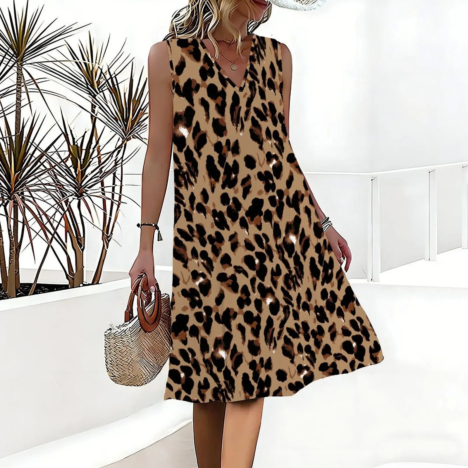 Women's Print Sleeveless Deep V Neck Midi Dress Loose Flowy A Line Casual Vacation Swing Dress