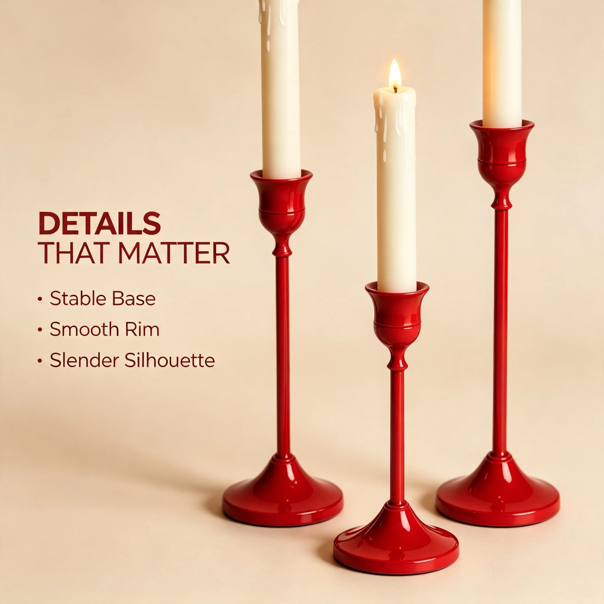 Festive Bright Red Candlestick Set of 3 Slender Tall Candle Holder Table Mantel Centerpiece for Wedding Holiday Dinner Decor