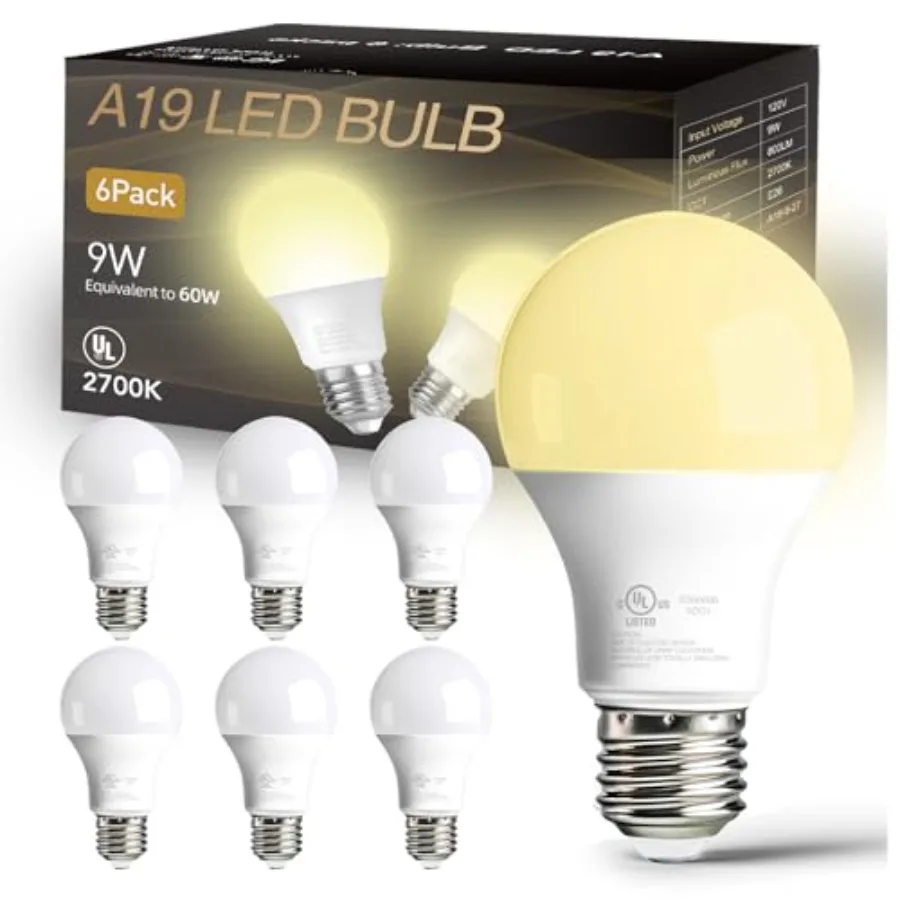 6 Pack A19 LED Bulbs, 9W Equivalent 60 Watts, E26 Base,,800 LM, Non-Dimmable, Efficient Energy Saving Lights for Living Room, O