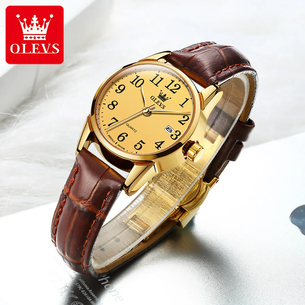 OLEVS Classic Quartz Watch for Women Brown Leather Strap Watch With Date Feature Digital Dial Waterproof Ladies Dress Wristwatch