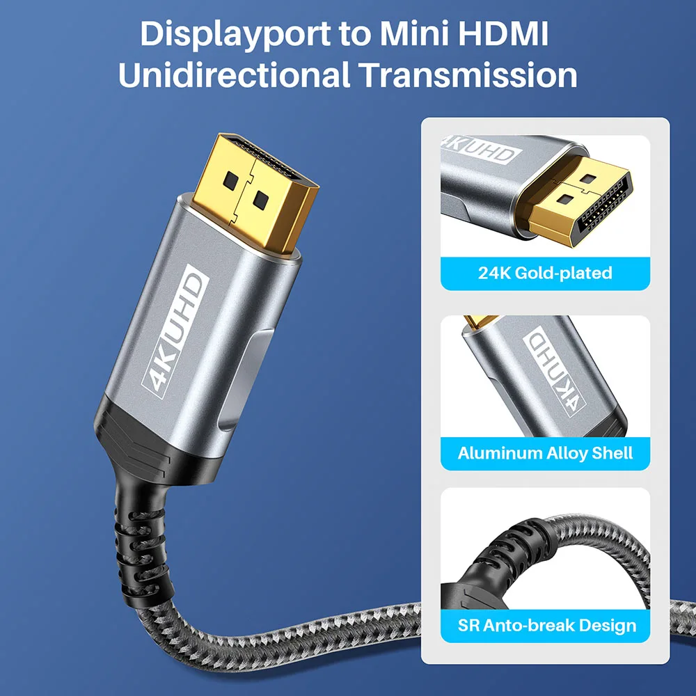 DisplayPort To Mini HDMI Cable UHD 4K 60Hz 2K 1080p Video Display For Desktop Laptop Portable Monitor Projector Mini PC view 4