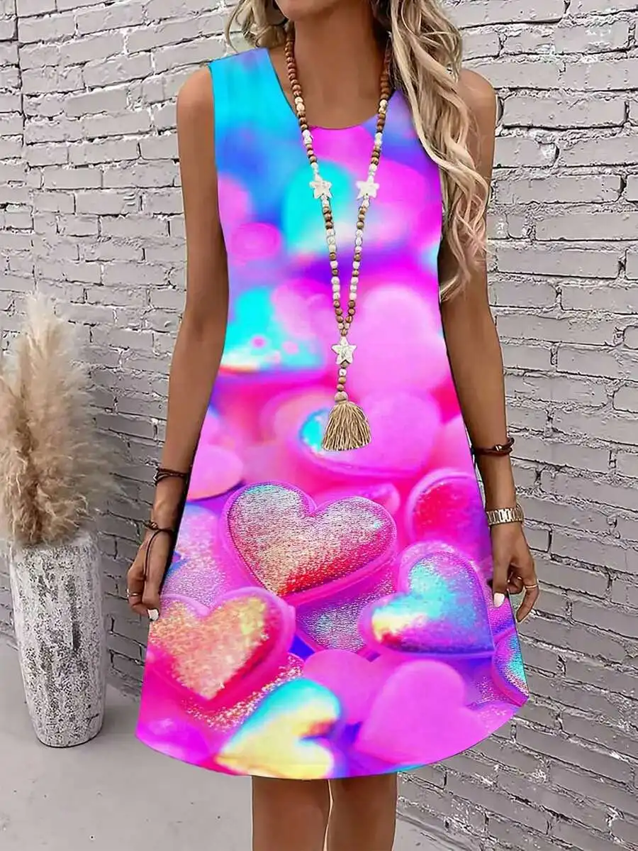 

Colorful Heart Print Sleeveless Dress Women Round Neck Casual Summer Beach Party Dress