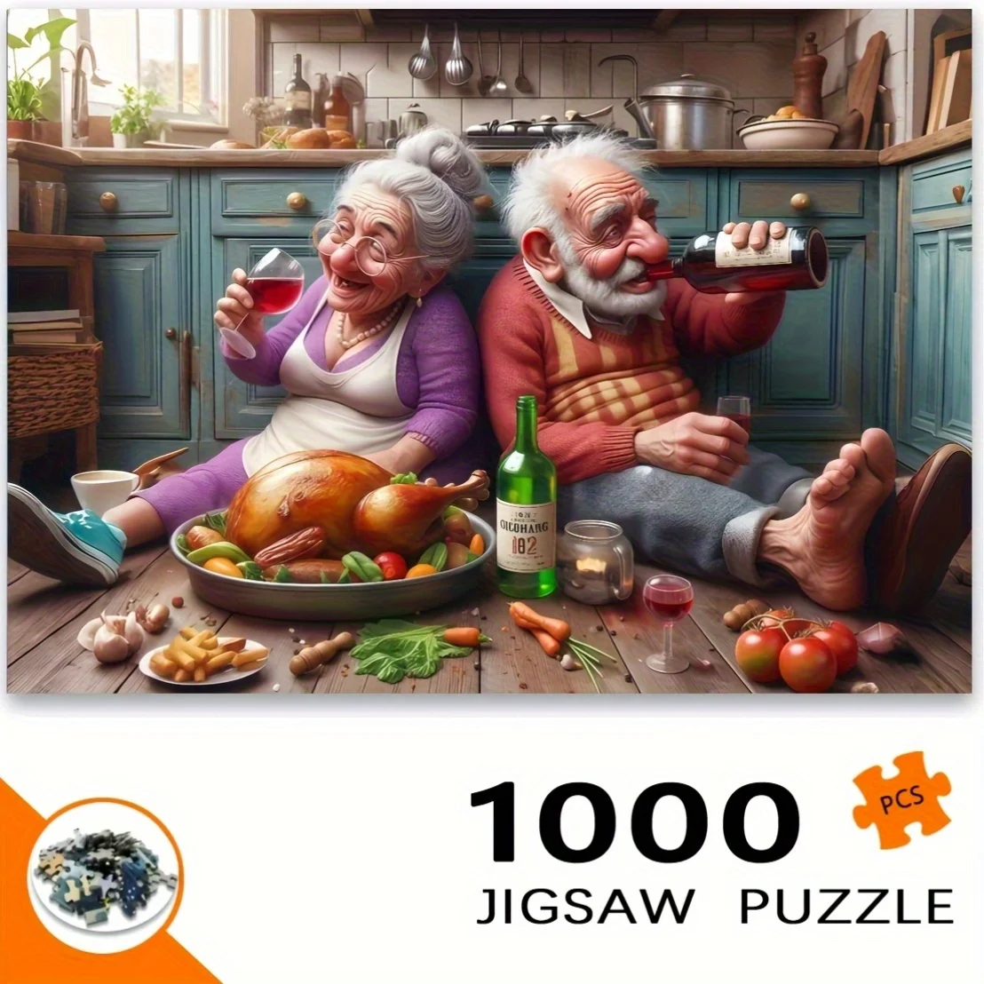 1000pcs Jigsaw Puzzle - Elderly Couple Dining Together, Vintage Kitchen Table Scene with Roasted Turkey, Vegetables & Wine - R