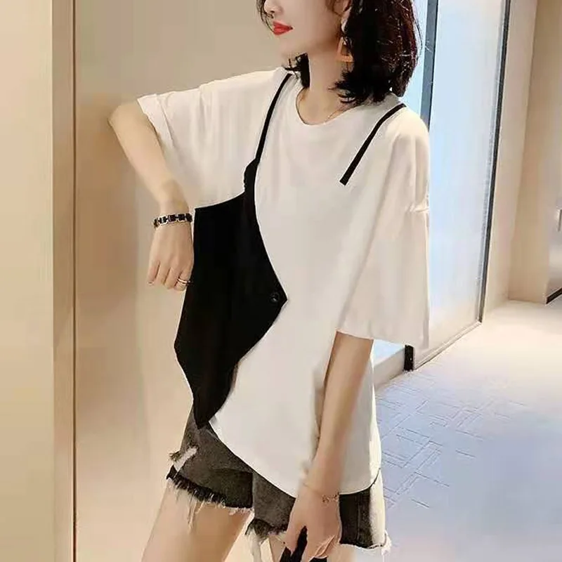 Classic Black and White Color Block Particularity Blouse Women Classic Half Sleeve O-collar Refreshing Lady Pullover Shirt