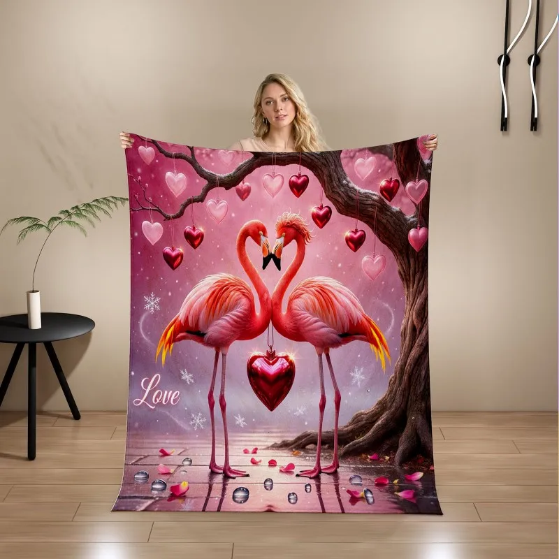 Warm Cozy Flannel Throw, Romantic Flamingo & Heart Pattern Blanket, Lightweight Cover for Sofa Bedroom & Valentine Decor
