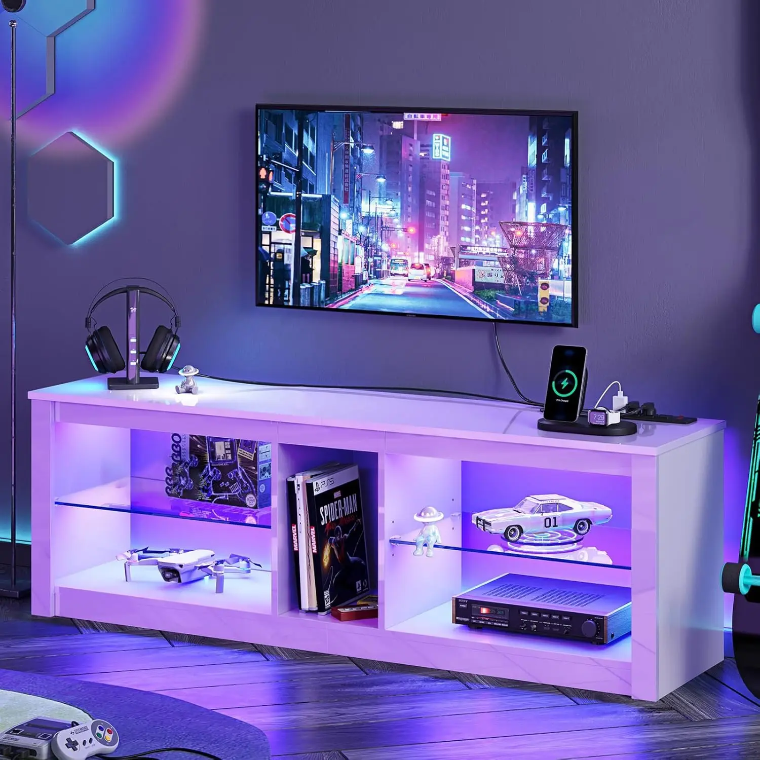 Bestier LED TV Stand for 55/60/65 Inch TV, White High Gloss Entertainment Center with Power Outlet & Adjustable Shelves,