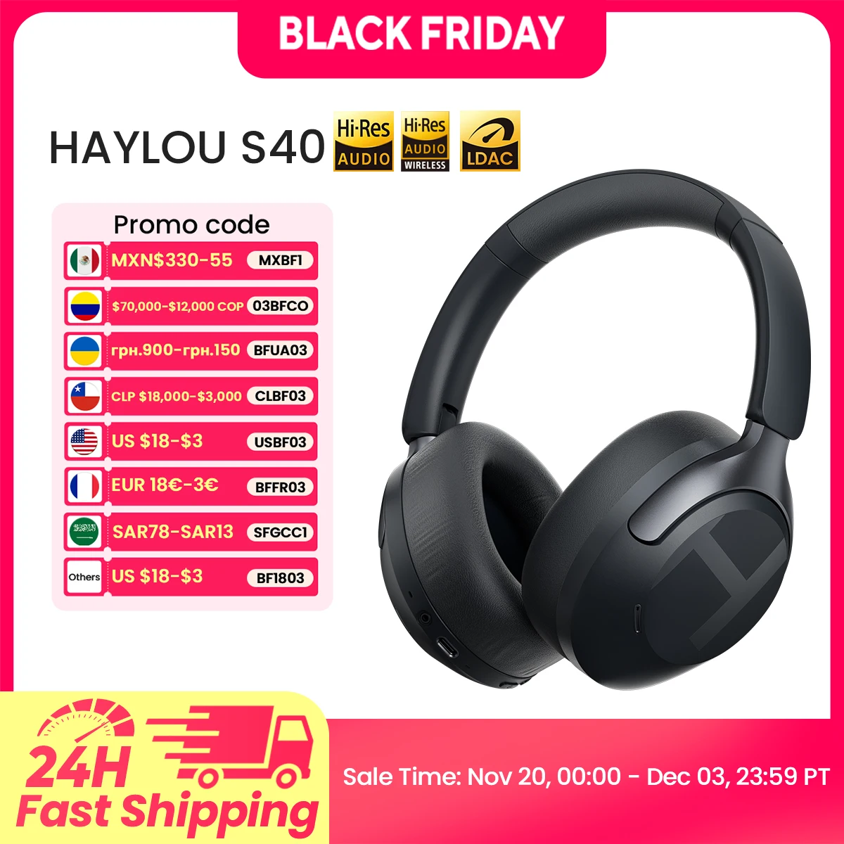 Haylou s40 anc fone de ouvido sem fio 50db cancelamento de ruído hi-res 3d fone de ouvido de áudio espacial com ldac bluetooth 6.0 sobre fone de ouvido