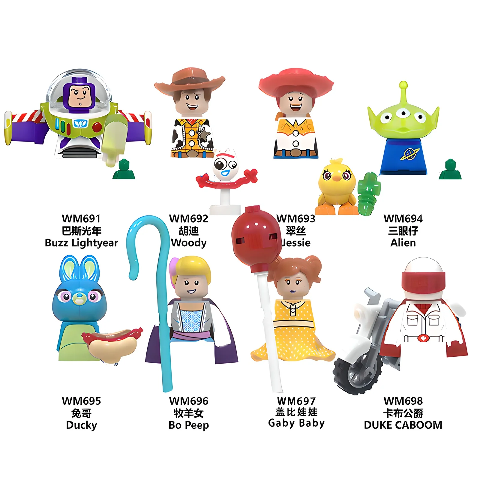 

Фигурки строительных блоков Disney Toy Story WM6060, Базз Лайтер, Вуди, Джесси, Чужой, Утки, Бо Пип, Габи Малыш, DUKE CABOOM