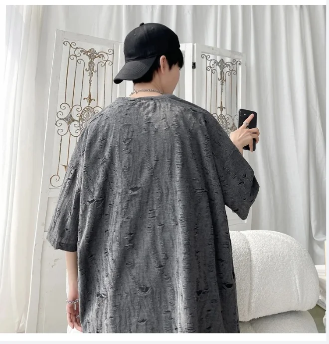 Summer Chic Fashion Casual Holes Short Sleeve T-Shirts For Men Clothing 2026 O-Neck Loose Casual Tee Shirt Homme Streetwear