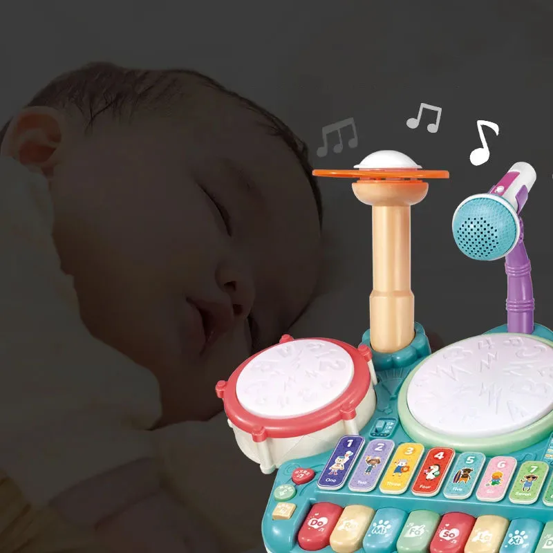 Giocattoli per strumenti musicali 5 in 1, tastiera per pianoforte elettronico per bambini Set di giocattoli per batteria xilofono con luce, 2 microfoni, stylofono Lear