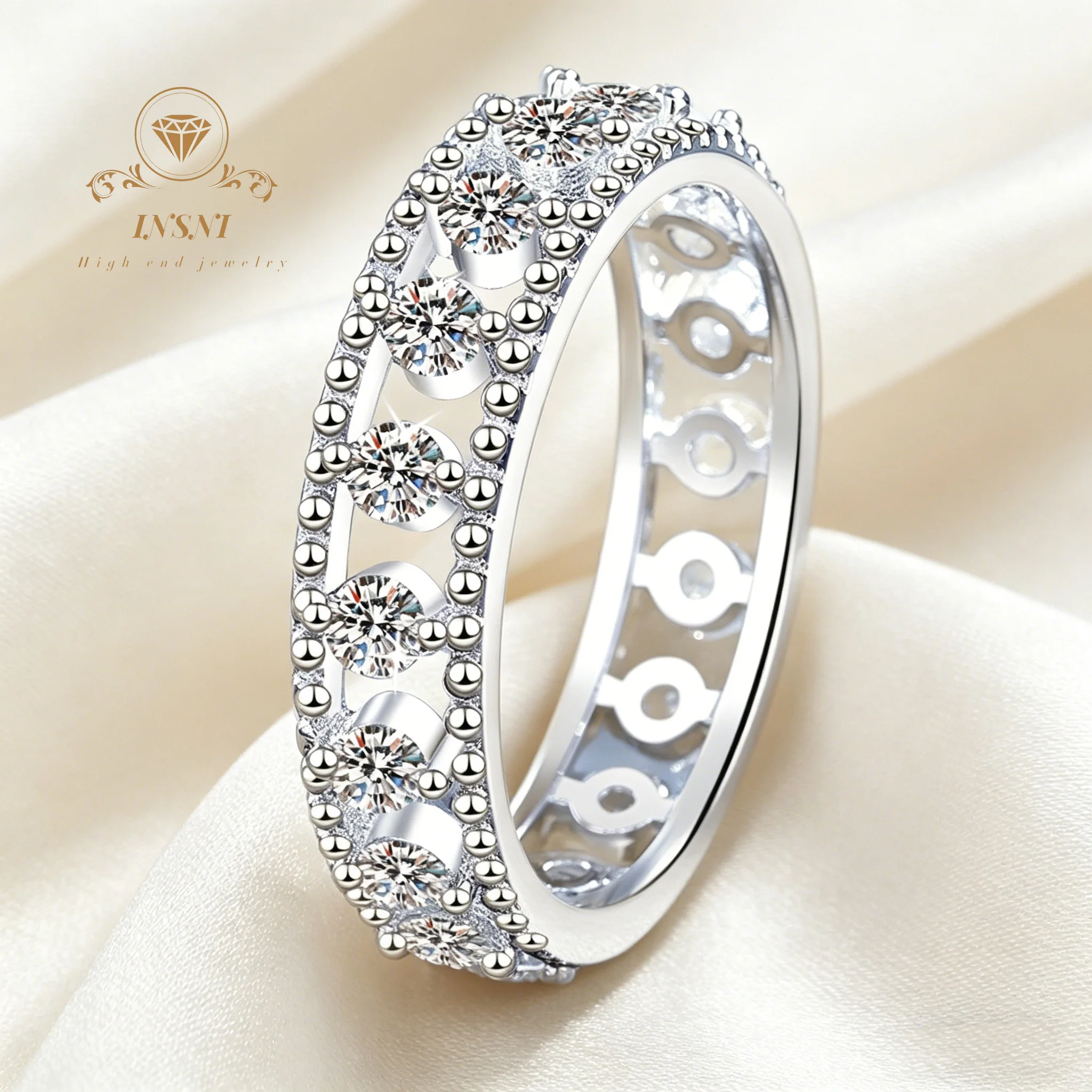 

S925 Real Silver Moissanite Eternity Band Full Pave Round Cut D Color VVS1 Ring for Women Affordable Light Luxury Jewelry Gift