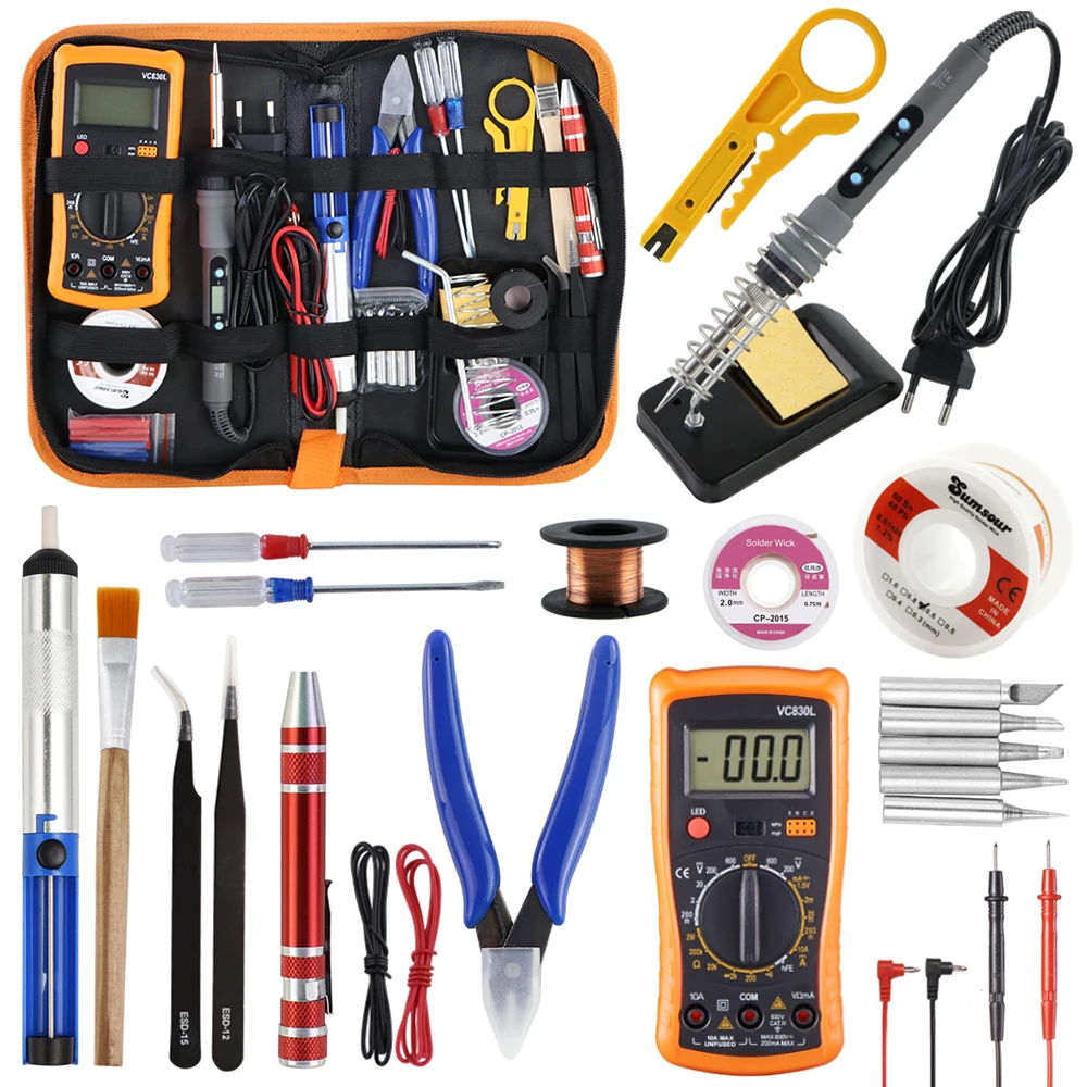 Soldador eléctrico de temperatura ajustable con pantalla Digital gris, 80W, con multímetro, absorbente de estaño, Kit de herramientas de reparación de soldadura