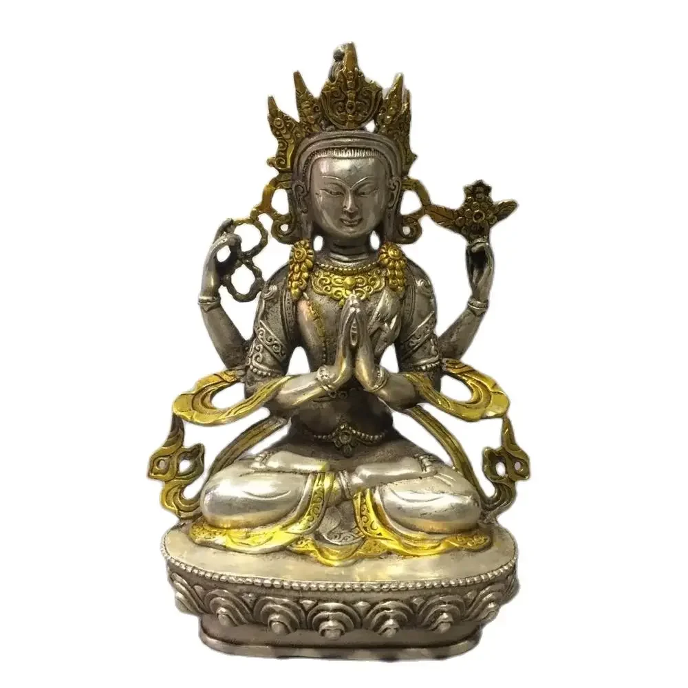 

tibet buddhism silver gilt 4 Hand Arms Chenrezig tara kwanyin Goddess buddha statue decoration metal handicraft