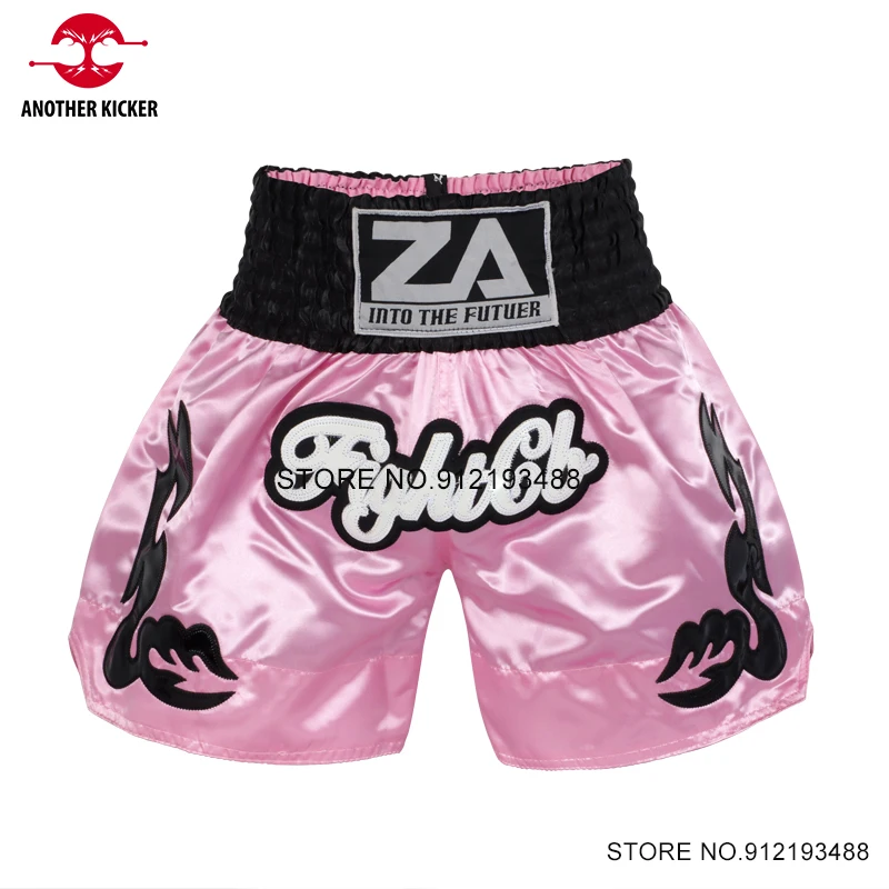 Muay Thai Shorts Pink Satin Boxing Shorts Women Men Child Boys Girls Embroidery Gym Thaiboxing Kickboxing Cage Fighting Pants