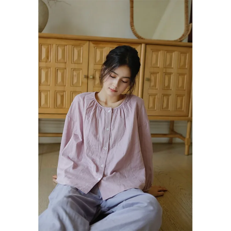 Autumn Cotton Double-layer Gauze Loungewear Loose Solid Color Long-sleeved Top and Trousers Pajamas Multicolor Free Combination