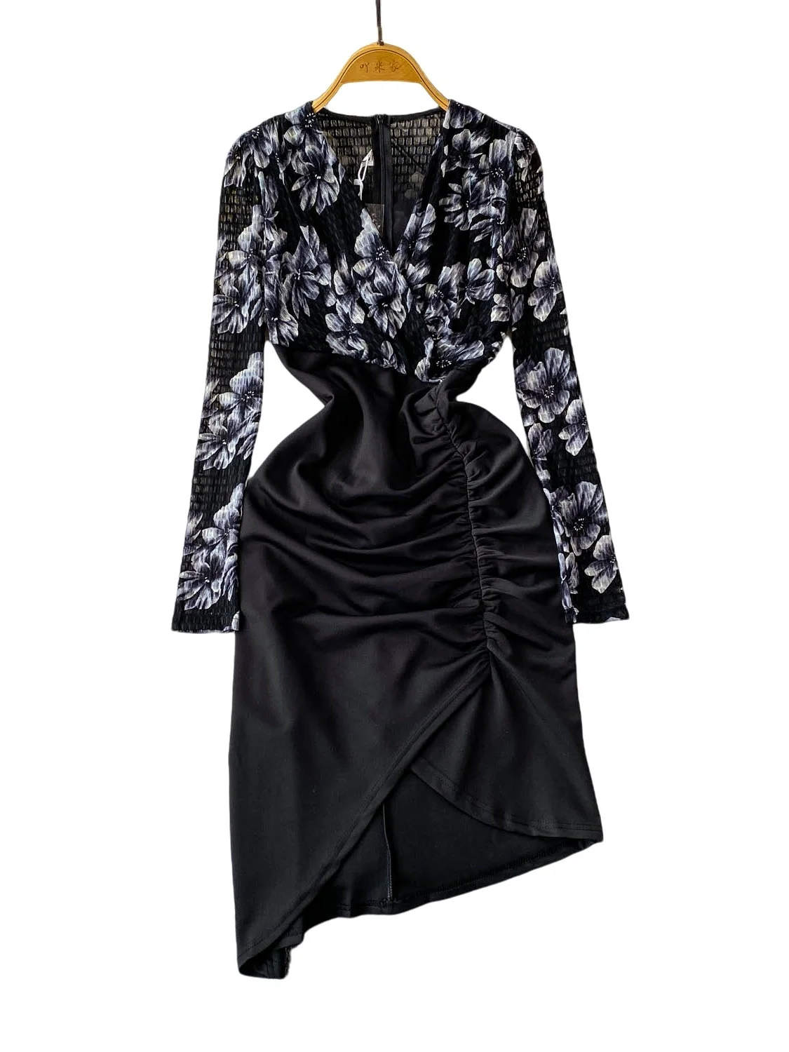 Chic vintage sexy scollo a V Draw String stampa manica lunga slim Elegante Fata moda coreana Boho Sundress abbigliamento donna