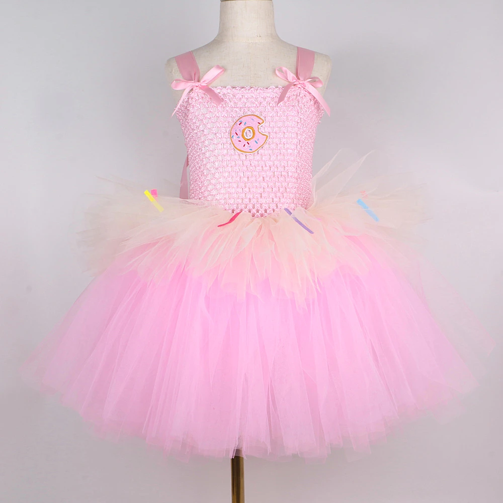 3 Layers Pink Donuts Birthday Dresses for Girls Doughnut Cake Smash Costume for Kids Toddler Photoshoot Outfit Baby Fluffy Tutus