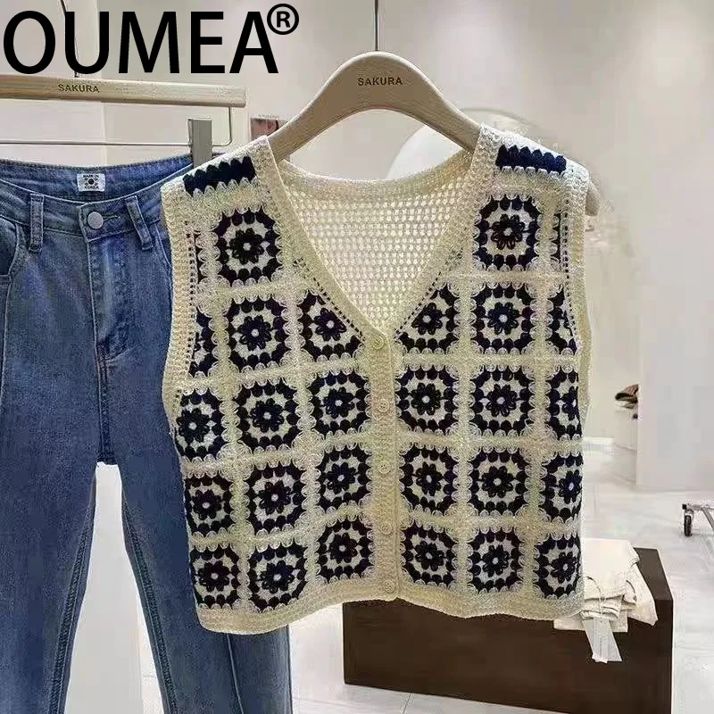 OUMEA Women Boho Style Sweater Vest Check Pattern Spring Ethnic Cardigan Buttons Front Vintage Knitting Hollow Out Cardigan