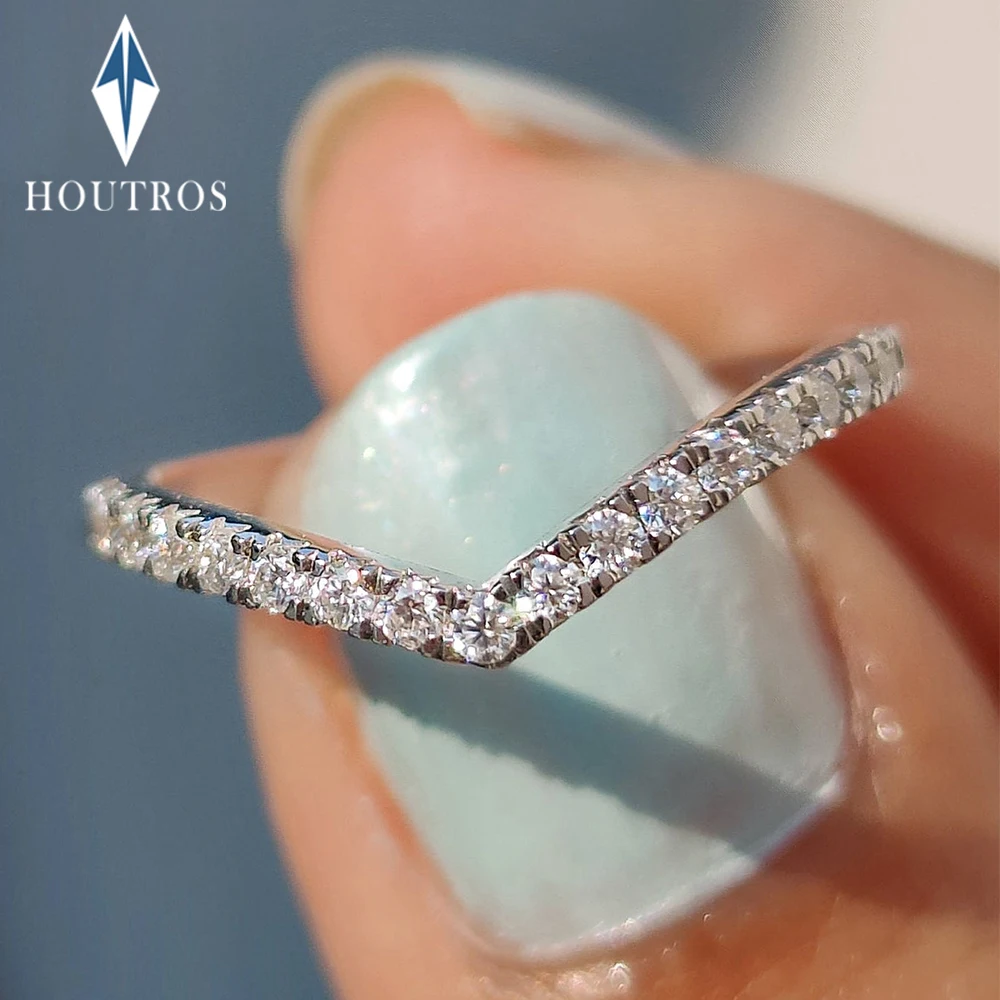 1.2mm Moissanite Curved Stacking Wedding Band V Shape Chevron Ring for Women 925 Sterling Silver Half Eternity Band Jewelry Gift