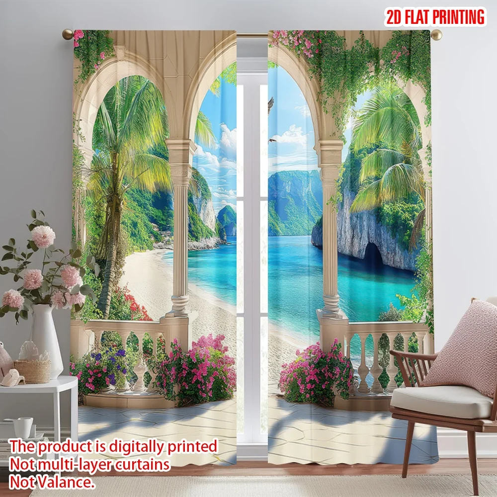 

2D flat printing 2pcs Window Curtains Tropical Beach Paradise View Digital Printed Polyester Drapes All Season Party & Holiday