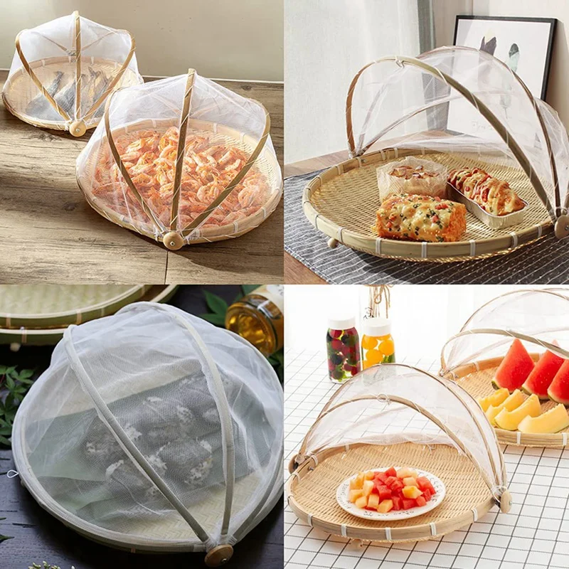 Comida de bambu comida servindo tenda cesta mão-tecido cesta servindo à prova de poeira redonda cesta de piquenique frutas vegetais pão durável a