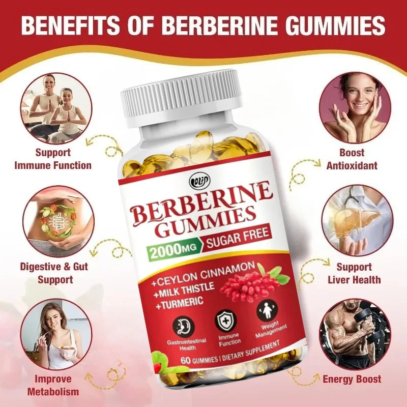 Ceylon Cinnamon Berberine Gummies, 2000mg HCL Non GMO, Gluten Free, Raspberry Flavored -60 Gummies