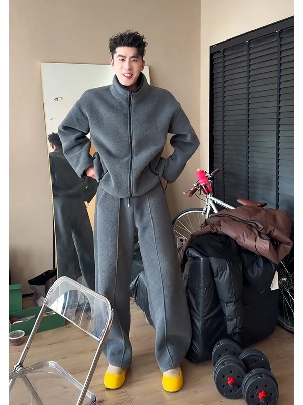 

Мужской зимний спортивный костюм: толстовка и широкие брюки в корейском стиле для молодежи