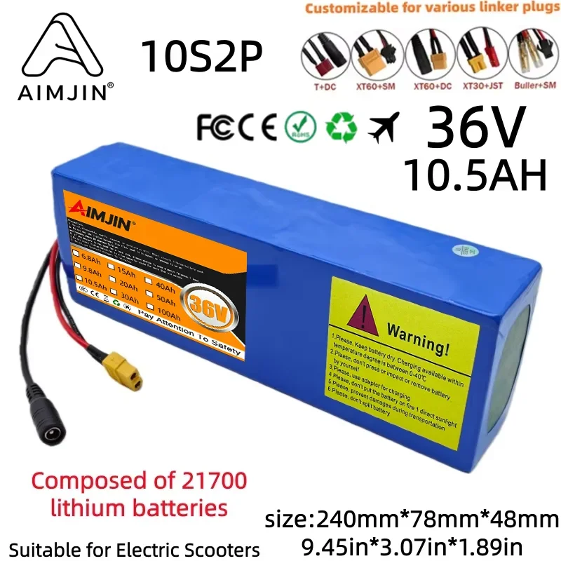 10.5Ah 21700 Lithium 10S2P 36V Battery Pack 5C Power Rechargeable 650W for Electric scooters bicycle motorcycle, SYP T JST XT60