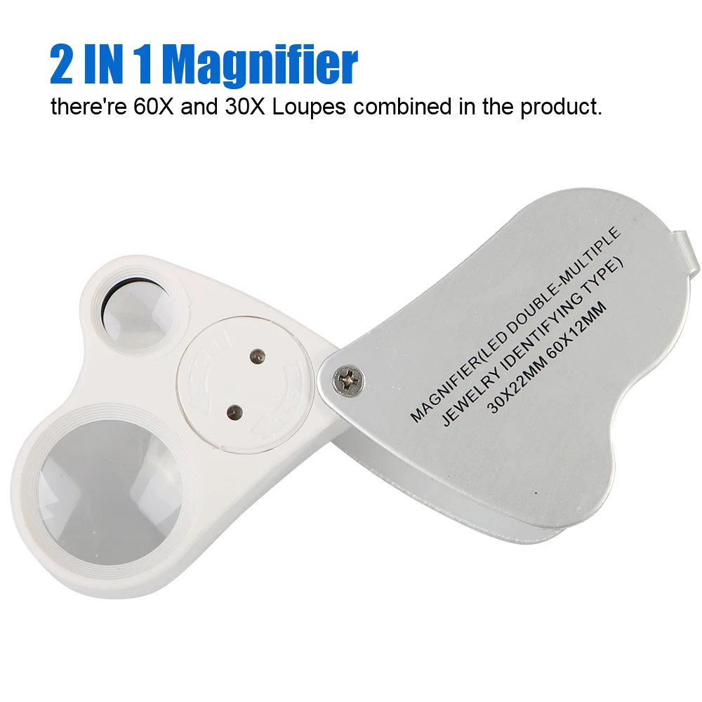 Portable Jeweler Loupe Magnifier 2 In 1 60X 30X Loupe Illuminated Handheld Magnifier With LED Lighting Folding Magnifying Glass