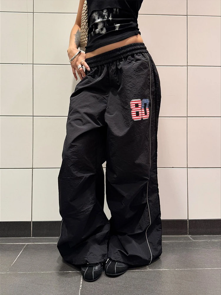 

Women Graphic Embroidery American Style Pants Wide Leg Elastic Waist Jogging Parachute Pants Baggy Casual Trousers