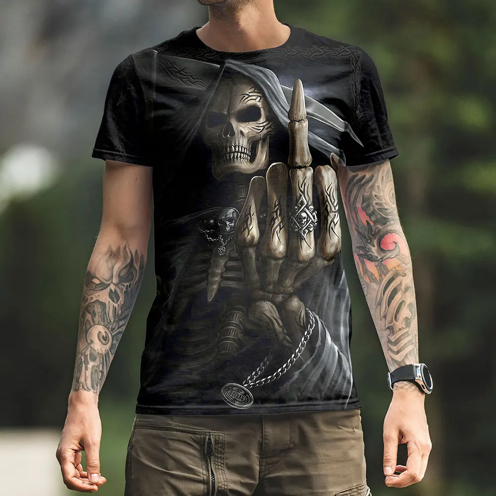 Vintage T Shirts For Men Horror Undead Skull Pattern 3D Printed Short Sleeve Fashion Oversized T-shirt Casual Men\'s Clothing