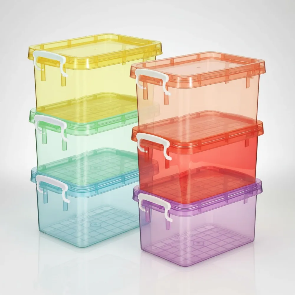 

6 упаковок красочных пластиковых контейнеров для хранения с крышками, 4-литровый штабелируемый прозрачный органайзер для домашней организации