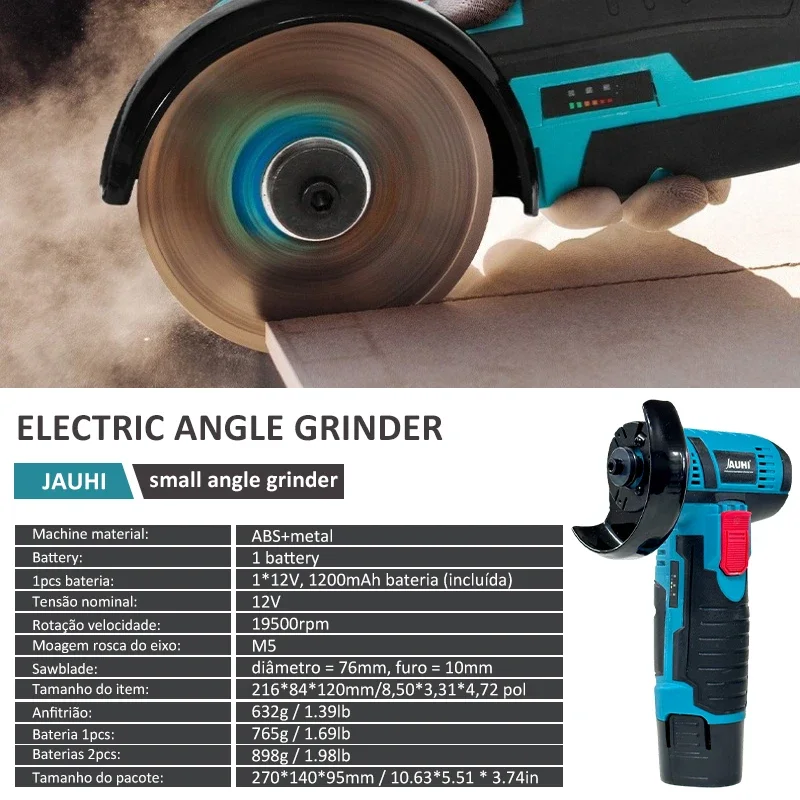 JAUHI-Mini Brushed Cordless Angle Grinder With 2pcs Batteries, 12v, 19500rpm, (Tile, Wood, Stone) Cutting And Polishing