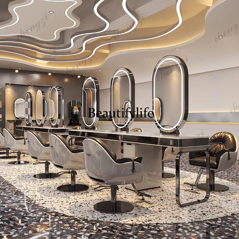High-end barber shop hair cutting, perming and dyeing mirror table floor with cabinet, hair salon special mirror single