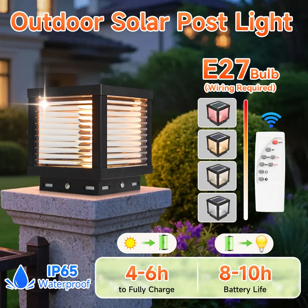 LED Solar Pillar Lights Replaceable Bulb Outdoor Solar Garden Lamps Connect Electricity Sunlight for Fence Pathway Outdoor Decor