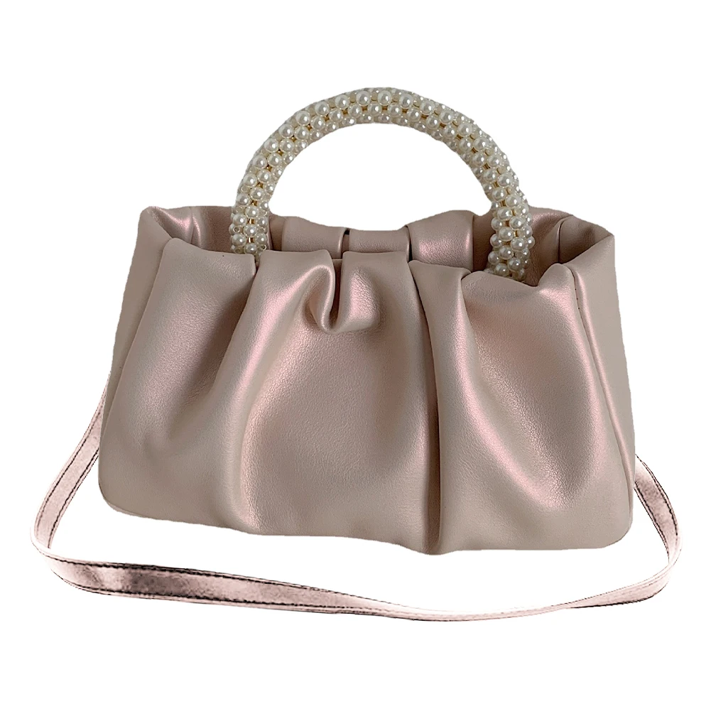 Mini bolsas de couro PU com alça de pérola para mulheres, bolsa para celular, Ruched, sólido, moda, bolsa de baile para meninas, festa, doce, senhoras