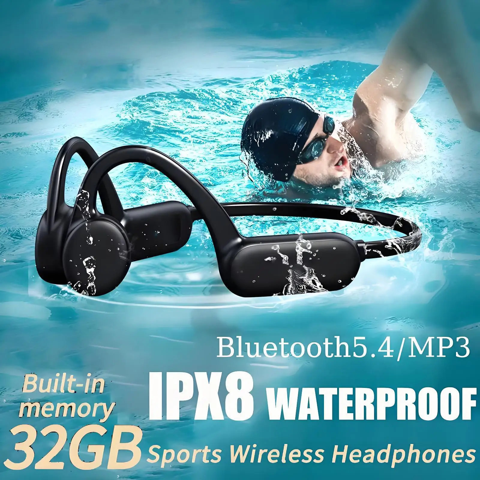 Écouteurs à Conduction osseuse IPX8 étanche MP3 32GB Bluetooth5.4 casque sans fil avec micro natation sport Fitness