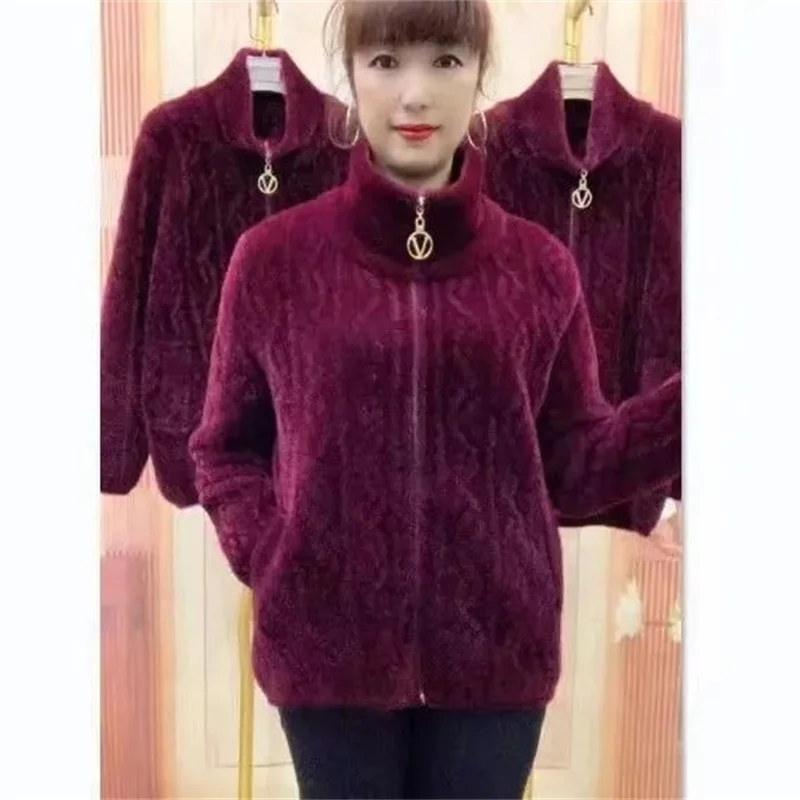 New Middle Aged Elderly Mother Imitation Mink Velvet Coat Women Autumn Winter Thicken Knitted Cardigan Sweater Female Knitwear