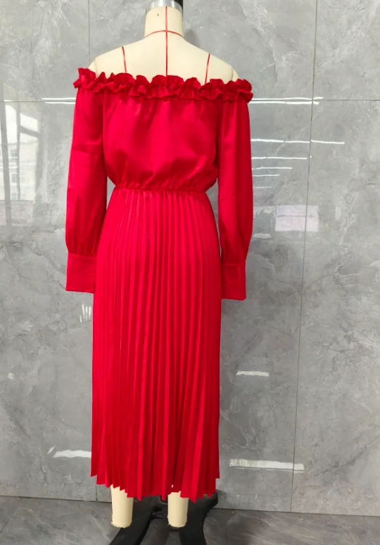Women's Elegant Dress 2024 Spring Summer Latest Casual Off Shoulder Frill Hem Pleated Midi Dress Long Sleeve Button Long Skirt