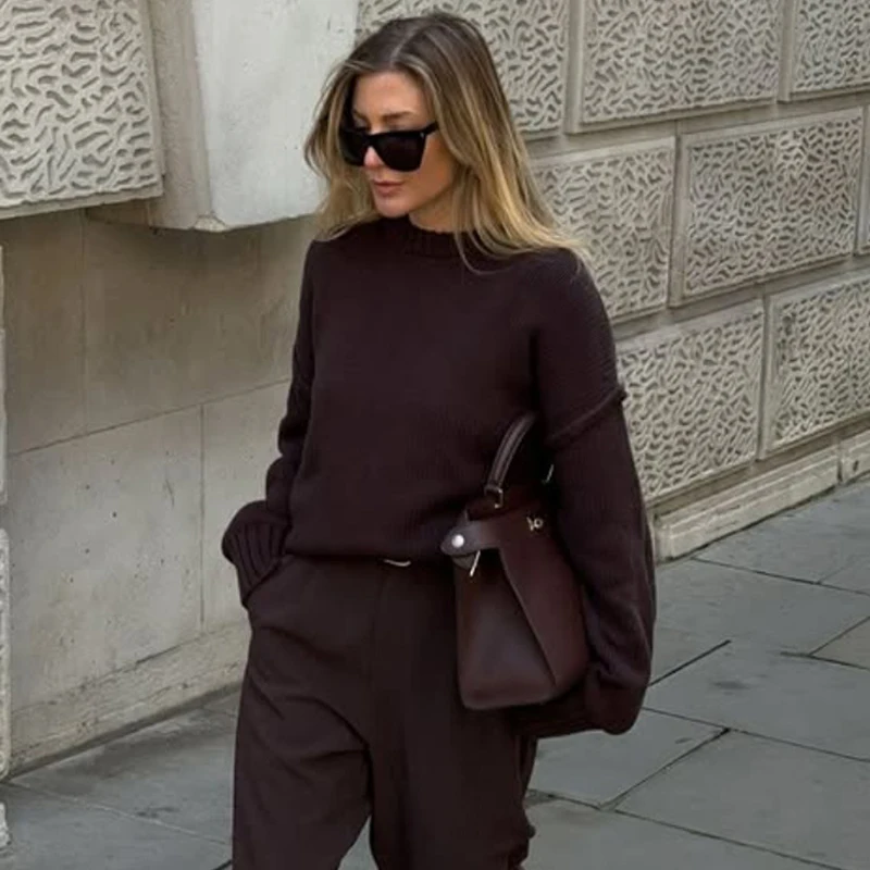 Ticketsx Solid Knitted Sweater Women's Long Sleeve O Neck Patchwork Oversize Top Female 2025 New Autumn Casual Pullover Sweater