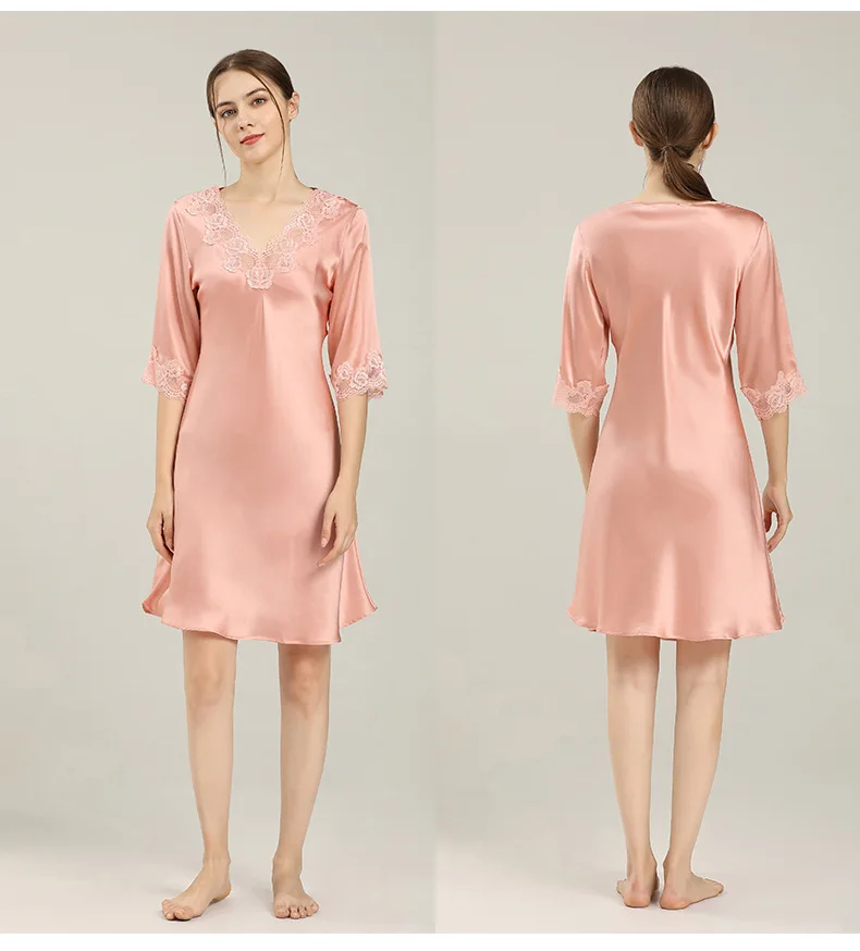 Women's 16MM 100% Mulberry Silk Nightgown, Sexy Lace Trim Half Sleeve V-Neck Pullover Slip Dress (S5694)