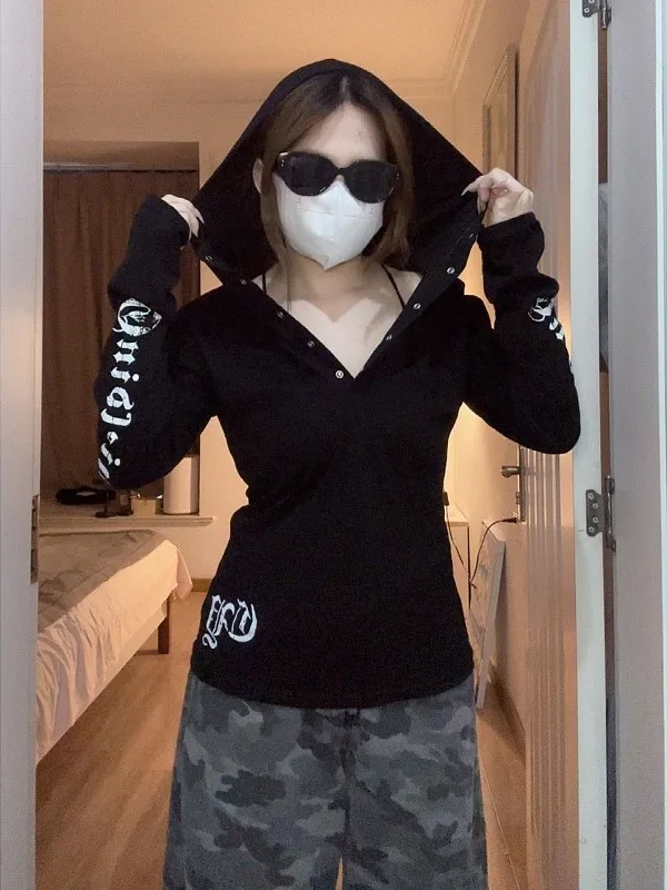 Damska bluza z kapturem plus size, casualowa, w stylu amerykańskim, z długim rękawem, jesienna, modna, wyszczuplająca, elegancka, do pracy, z nadrukiem.