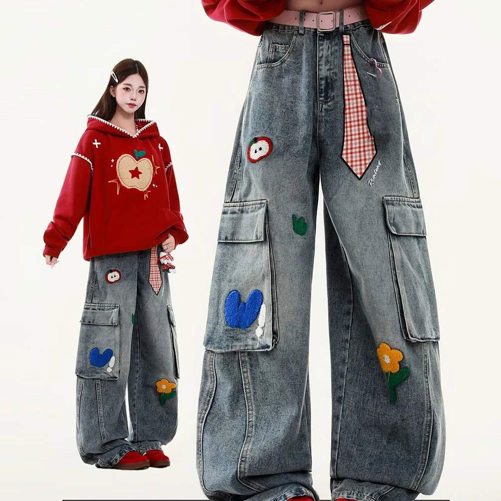 Cute Embroidered Pattern Women's Jeans Vintage Style Solid Color High Elastic Spice Girls Trousers Casual Style Pants