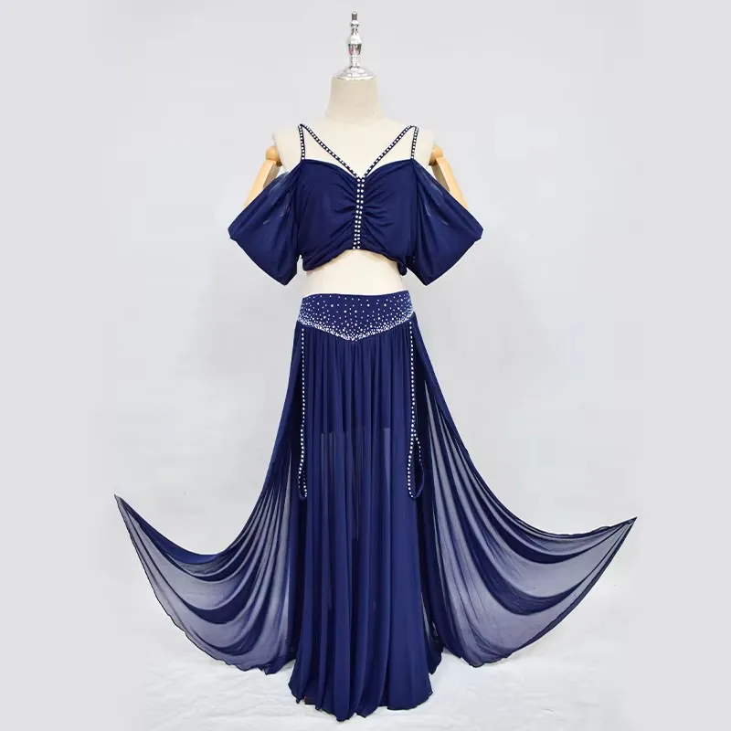 Professioneller Bauchtanz-Anzug für Damen, Netzstoff, kurze Ärmel, Oberteil + sexy, geteilter langer Rock, 2-teiliger orientalischer Bauchtanz-Anzug für Mädchen – Detail 13