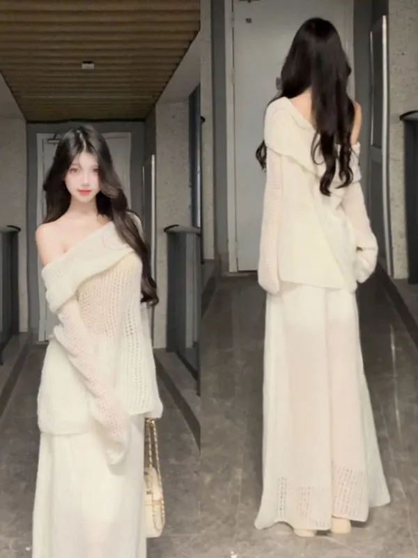 

Комплект из свободного вязаного топа и юбки: комфортный повседневный костюм-двойка для женщин, осенне-зимняя модная одежда, юбка с высокой талией