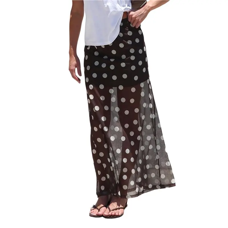 

CYL-Women's Polka Dots Mesh Skirts Elastic Waist Semi See Through Flowy Long Skirt Y2K Streetwear