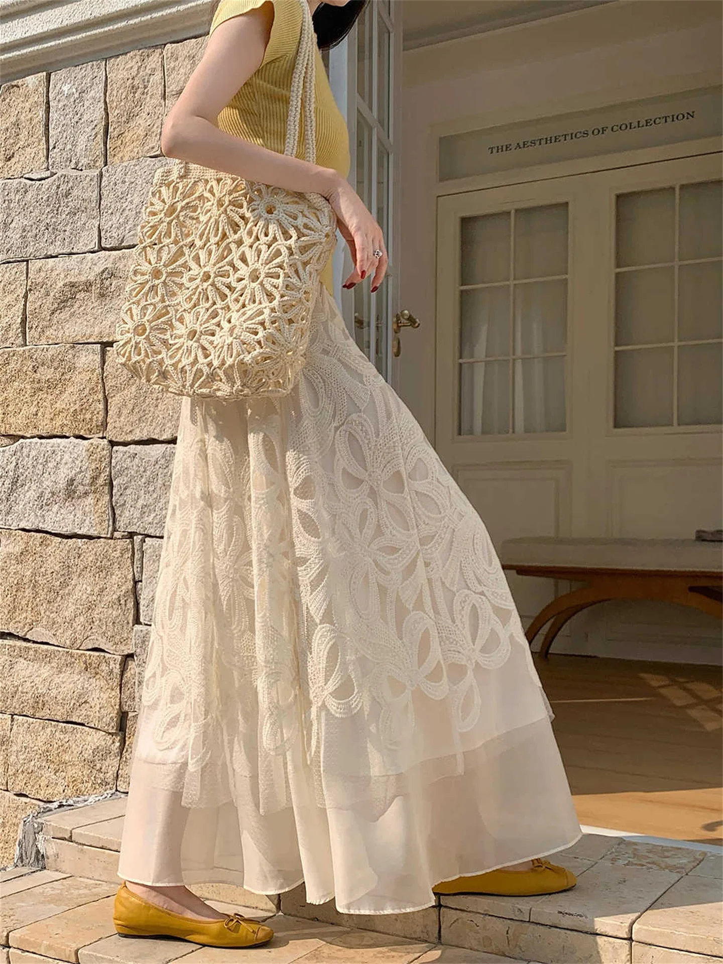 BANA Elastic Waist Embroidered Flower Long A-Line Skirt Women's Summer 2026 New Style Casual City Commute Daily Travel Skirt