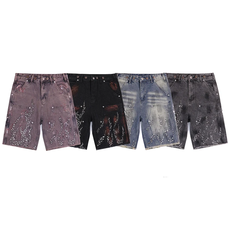 

Vintage Flame Rhinestone Sequin Denim Shorts Y2K Clothes Men Women Harajuku Hip Hop Retro Blue Baggy Denim Shorts Casual Shorts
