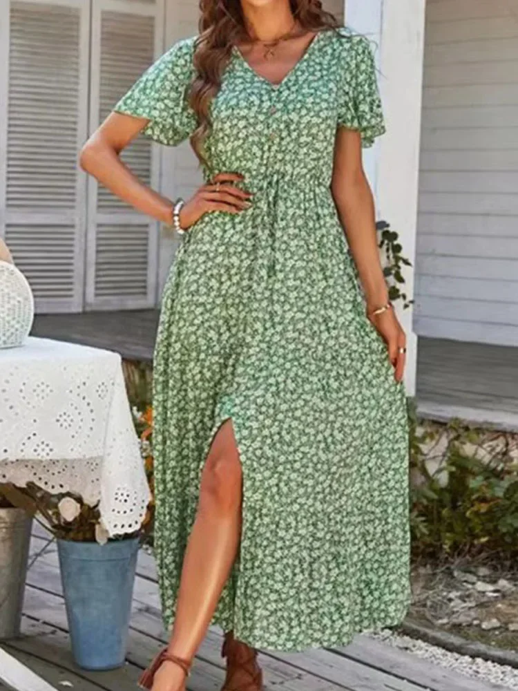

Vintage Floral Long Dress for Women Elegant High Waist Slit Design Loose Summer Beach Holiday Leisure Print Vestido
