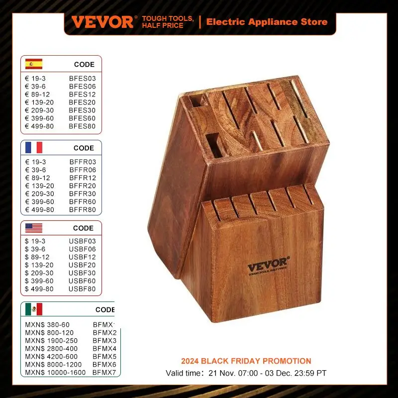 VEVOR 15/25 Slots Knife Storage Block Acacia Wood Universal Knife Holders Without Knives Countertop Butcher Block Knife Rack